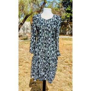 Naturally Petite Black Floral Maxi Sz 6 VTG L/S High Waist Button USA Dress EUC